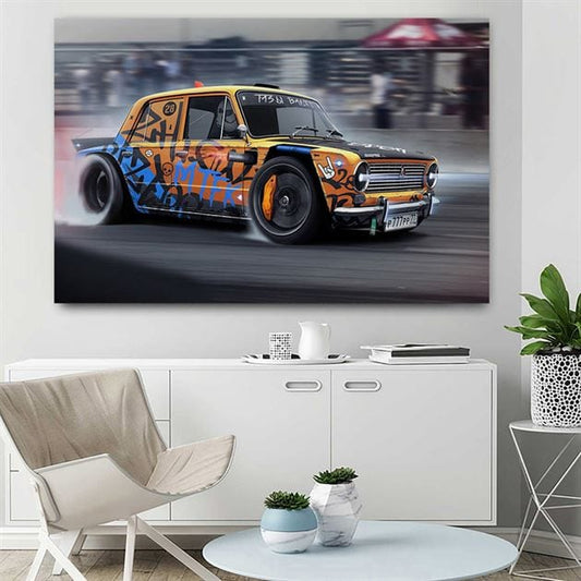 Vintage car drifting canvas