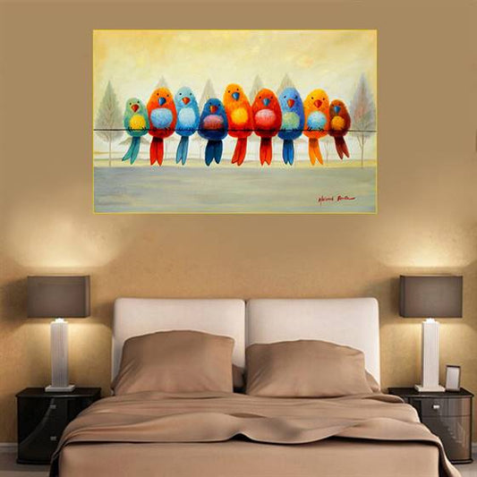 Birds sitting on the string canvas