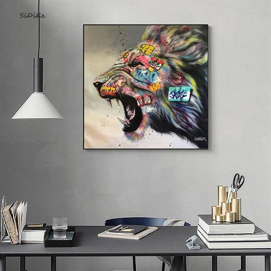 Colorful roaring lion canvas