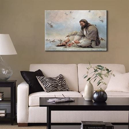 Jesus feeding birds canvas