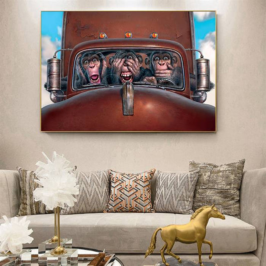Monkeys driving a truck canvas