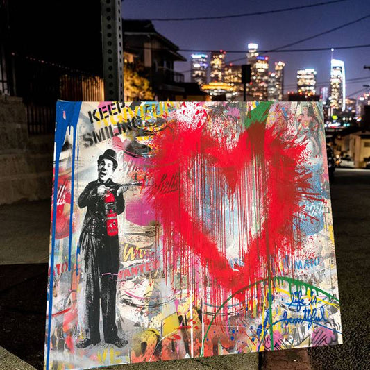 Mr. Brainwash - Chaplin with big red heart canvas