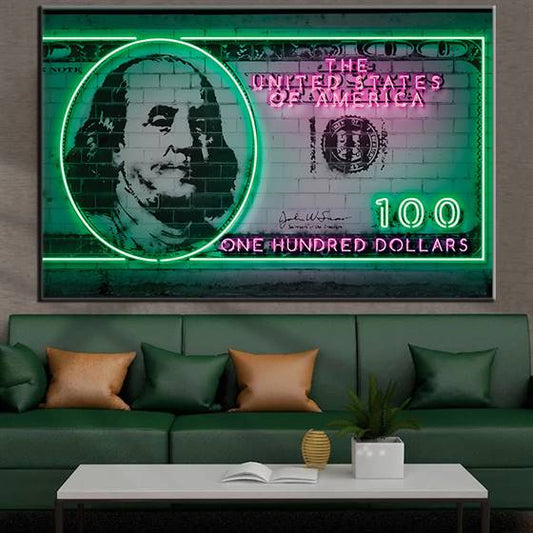 Neon 100 dollar bill canvas
