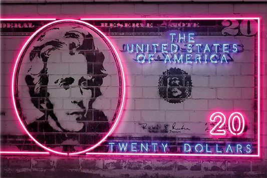 Neon 20 dollar bill canvas