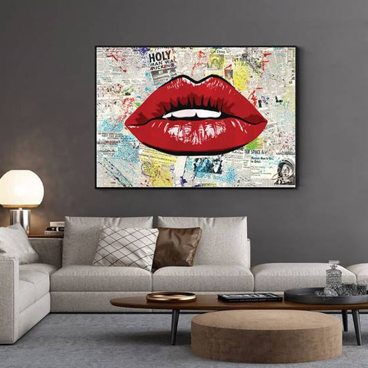 Red lips over newspaper canvas
