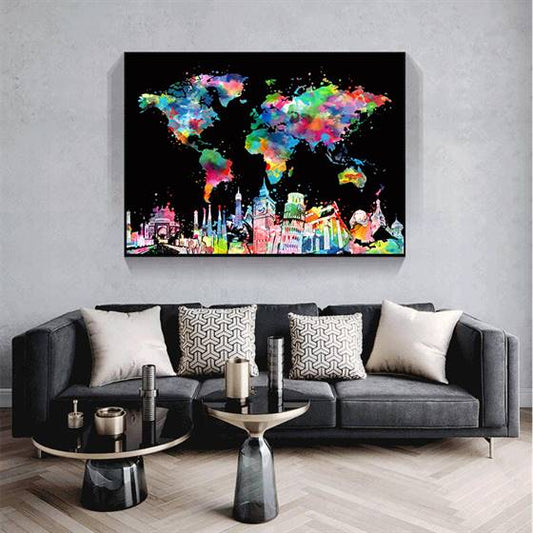 World map and Wonders of the world canvas