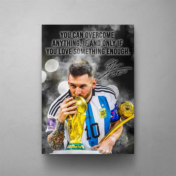 Messi with the World Cup title canvas