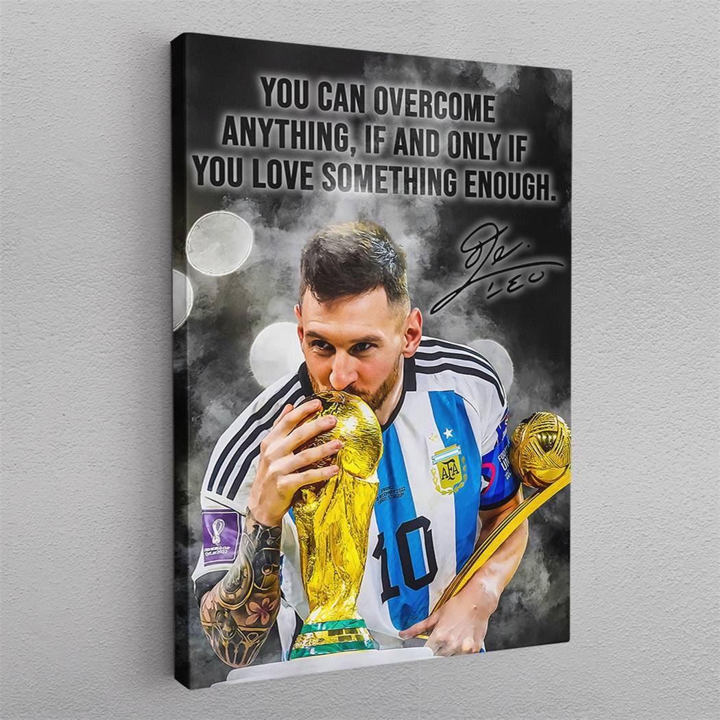 Messi with the World Cup title canvas