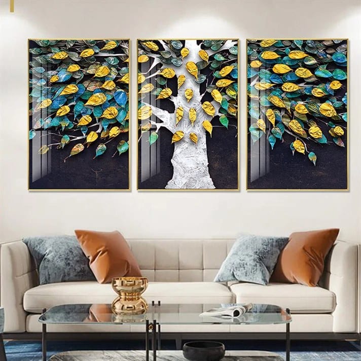 Golden Leafed Arboreal Splendor Crystal Porcelain painting Trio