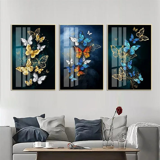 Spectacular Butterfly Flock Crystal Porcelain painting Trio