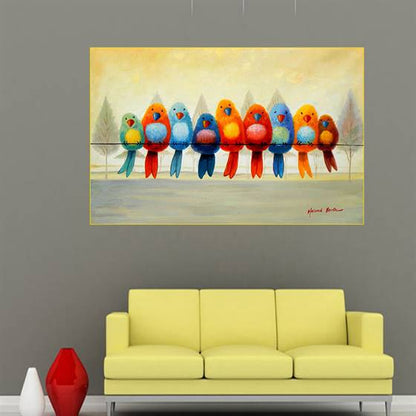 Birds sitting on the string canvas
