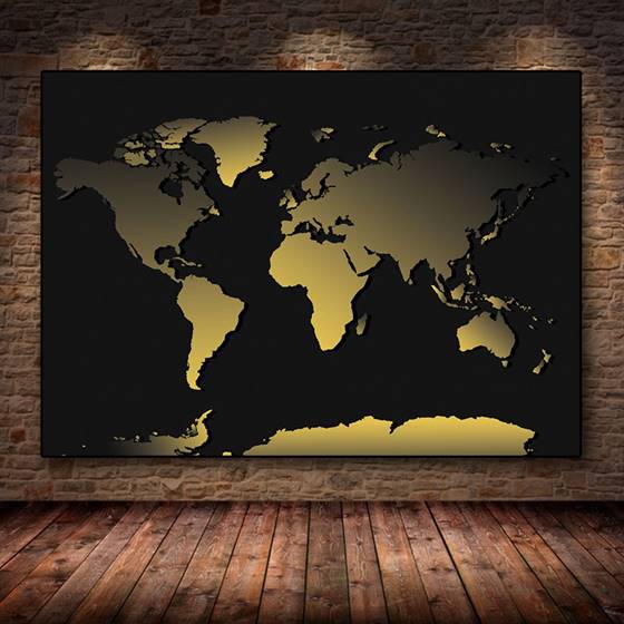 Black and gold world map canvas