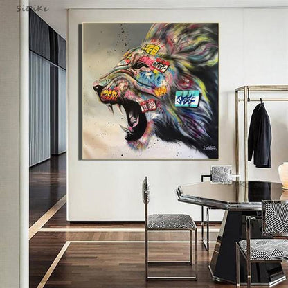 Colorful roaring lion canvas