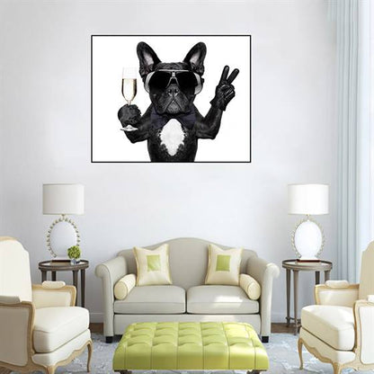 Dog with a champagne glass canvas
