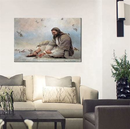 Jesus feeding birds canvas