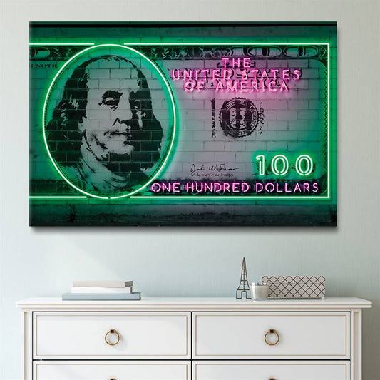 Neon 100 dollar bill canvas