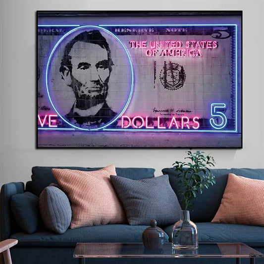 Neon 5 dollar bill canvas