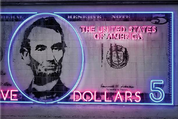 Neon 5 dollar bill canvas