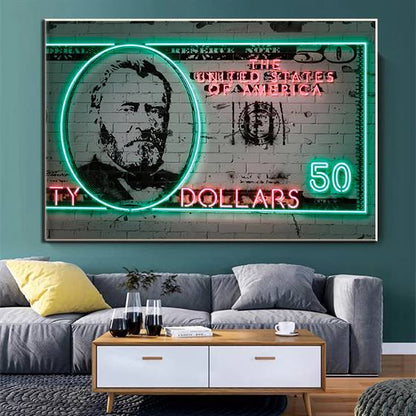 Neon 50 dollar bill canvas
