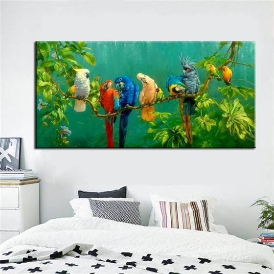 Parrots sitting on the branch canvas