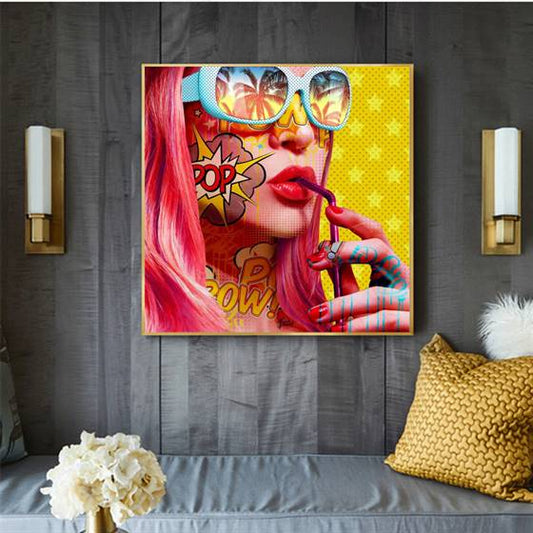 Pop art girl drinking canvas