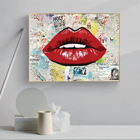 Red lips over newspaper canvas