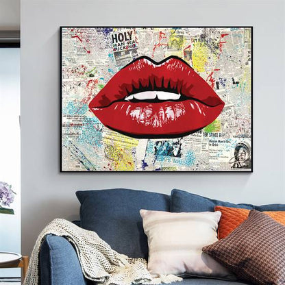 Red lips over newspaper canvas