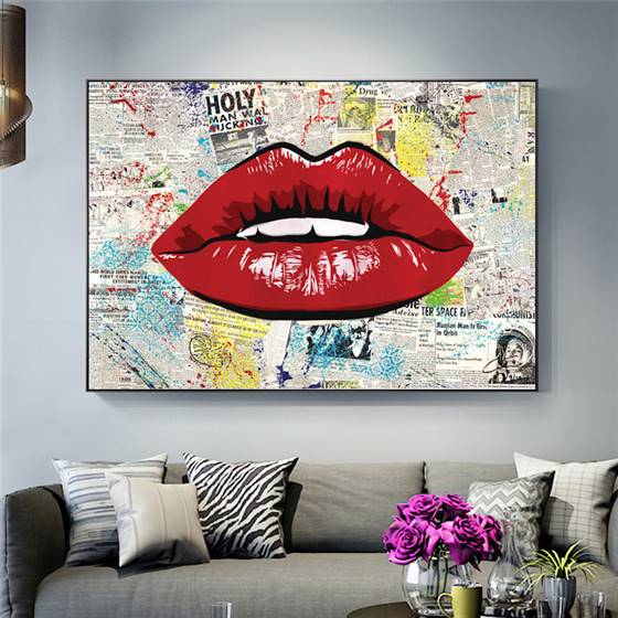 Red lips over newspaper canvas