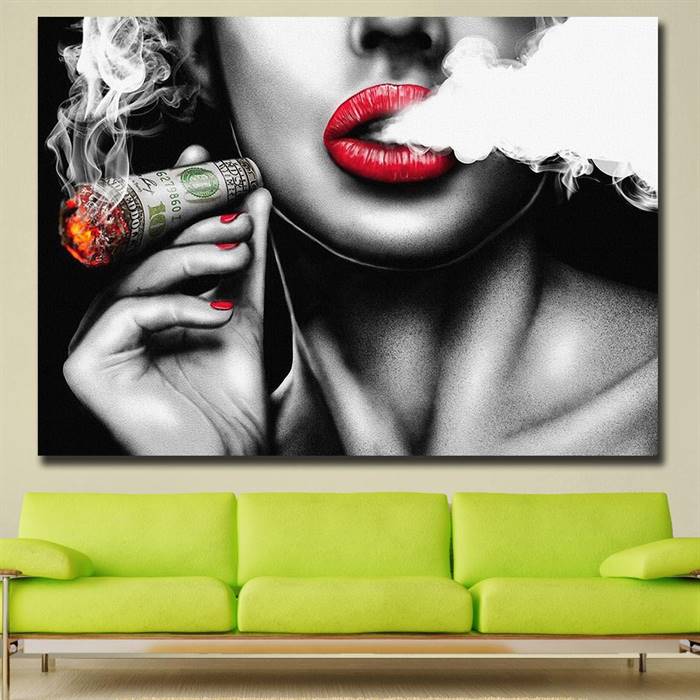 Red lips smoking canvas