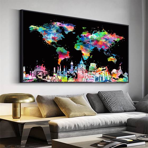 World map and Wonders of the world canvas