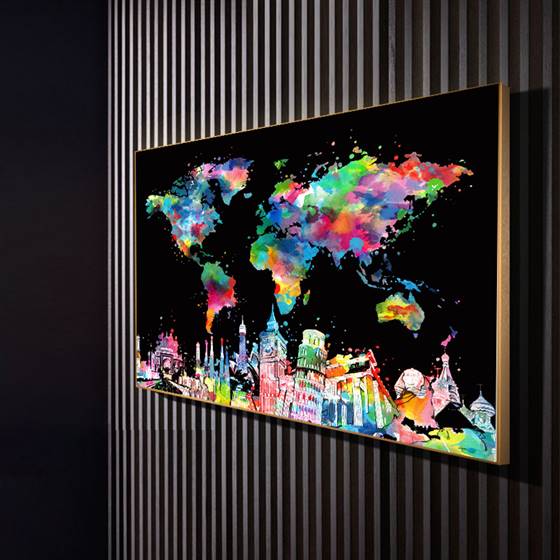 World map and Wonders of the world canvas