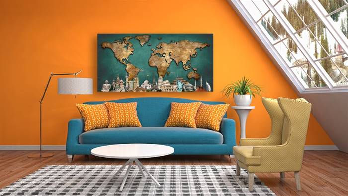 World map with Wonders of the world canvas