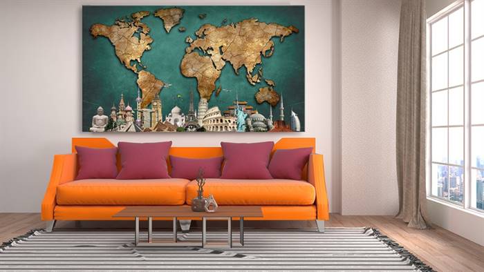 World map with Wonders of the world canvas