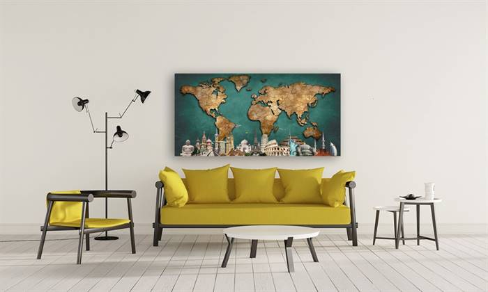 World map with Wonders of the world canvas