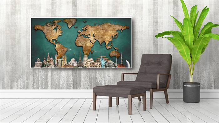 World map with Wonders of the world canvas