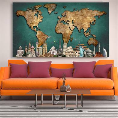 World map with Wonders of the world canvas